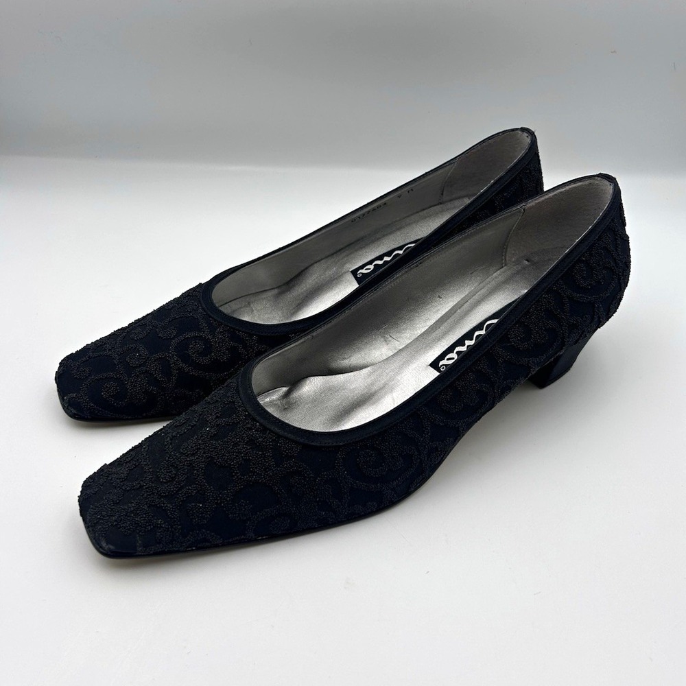 Nina Women's 9M Black Beaded Square Toe Slip-On Synthetic Pumps